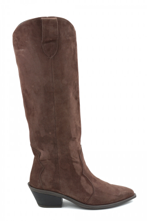 Cizme casual & sport dama - Cizme dama tip ciocate din piele naturala intoarsa maro cu varf ascutit si toc mic gros de 4 cm 71625-1-25