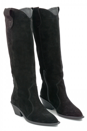 Cizme dama tip ciocate din piele naturala intoarsa neagra cu varf ascutit si toc mic gros de 4 cm 71625-2-25 [2]