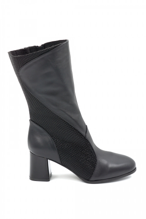 Cizme elegant & office dama - Cizme dama elegante scurte din piele naturala neagra si cu imprimeu cu varf rotund si toc mic gros 6 cm  33514-24