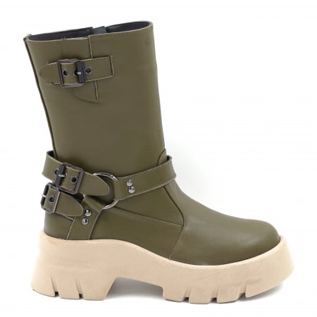 Cizme casual & sport dama - Cizme dama casual scurte din piele naturala verde kaki cu varf rotund, talpa 6 cm si accesorii metalice   71824-24