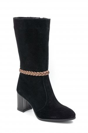 Cizme dama elegante scurte din piele naturala intoarsa neagra cu varf ascutit si toc mediu gros 7 cm 72018-1-24 [1]