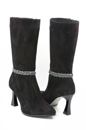 Cizme dama elegante scurte din piele naturala intoarsa neagra cu varf ascutit stileto si toc mediu subtire 8 cm 72018-2-24 [2]