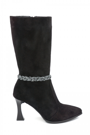 Cizme elegant & office dama - Cizme dama elegante scurte din piele naturala intoarsa neagra cu varf ascutit stileto si toc mediu subtire 8 cm 72018-2-24