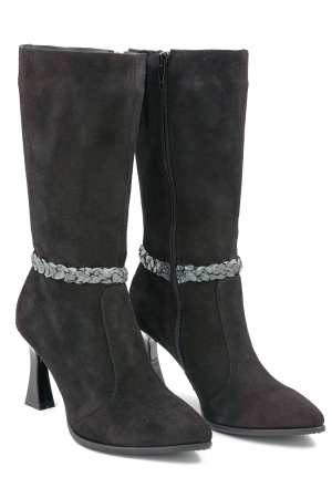 Cizme dama elegante scurte din piele naturala intoarsa neagra cu varf ascutit stileto si toc mediu subtire 8 cm 72018-2-24 [3]