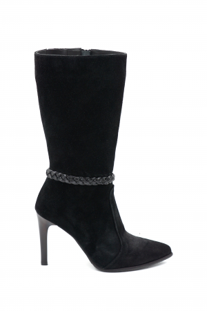 Cizme elegant & office dama - Cizme dama elegante scurte din piele naturala intoarsa neagra cu varf ascutit stileto si toc mediu subtire 9 cm 72018-24