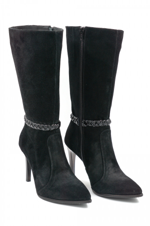 Cizme dama elegante scurte din piele naturala intoarsa neagra cu varf ascutit stileto si toc mediu subtire 9 cm 72018-24 [3]