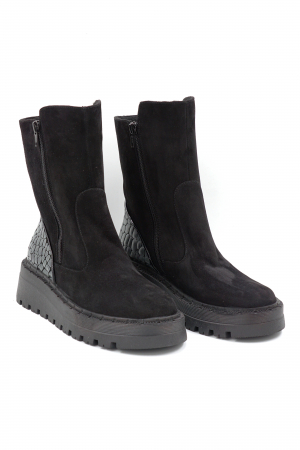 Ghete dama casual din piele naturala intoarsa neagra si cu imprimeu croco gri mat cu varf rotund si talpa 4 cm 74319-1-24 [2]