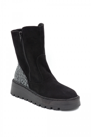 Ghete dama casual din piele naturala intoarsa neagra si cu imprimeu croco gri mat cu varf rotund si talpa 4 cm 74319-1-24 [1]