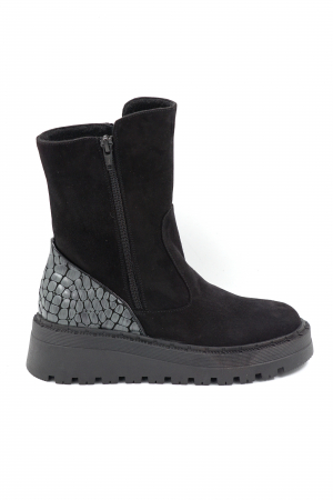 Ghete & bocanci dama - Ghete dama casual din piele naturala intoarsa neagra si cu imprimeu croco gri mat cu varf rotund si talpa 4 cm 74319-1-24