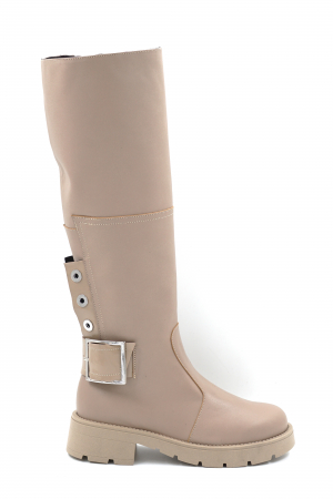 Cizme dama - Cizme dama lungi casual din piele naturala bej grej cu varf rotund, talpa 4 cm si accesorii metalice  74719-24