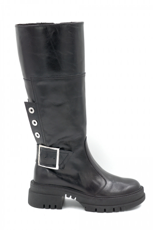 Cizme casual & sport dama - Cizme dama lungi casual din piele naturala neagra cu varf rotund, talpa 5 cm si accesorii metalice 74819-24