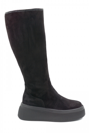 Lichidare stocuri - Cizme dama lungi casual din piele naturala intoarsa neagra cu varf rotund si talpa groasa de 5 cm 77121-24