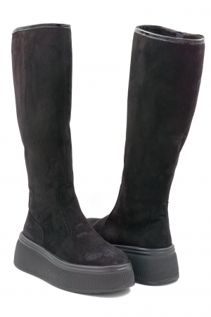 Cizme dama lungi casual din piele naturala intoarsa neagra cu varf rotund si talpa groasa de 5 cm 77121-24 [2]