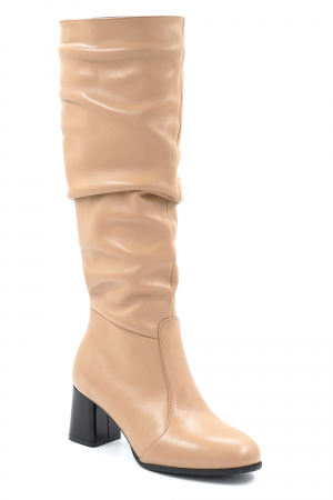 Cizme dama lungi elegante fronsate din piele naturala bej cu varf  rotund si toc mic gros 6 cm 78321-1-24 [1]