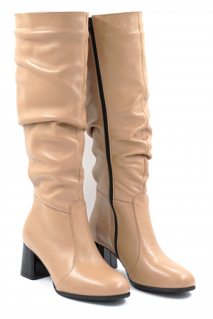 Cizme dama lungi elegante fronsate din piele naturala bej cu varf  rotund si toc mic gros 6 cm 78321-1-24 [2]