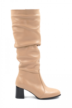 Lichidare stocuri - Cizme dama lungi elegante fronsate din piele naturala bej cu varf  rotund si toc mic gros 6 cm 78321-1-24