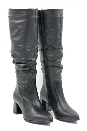 Cizme dama lungi elegante fronsate din piele naturala neagra cu varf ascutit stileto si toc mic gros 6 cm 78321-24 [2]