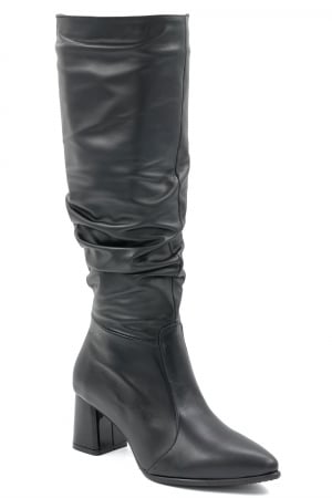 Cizme dama lungi elegante fronsate din piele naturala neagra cu varf ascutit stileto si toc mic gros 6 cm 78321-24 [1]