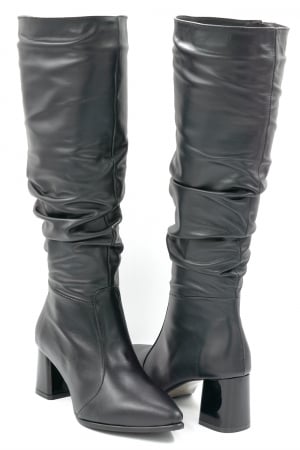 Cizme dama lungi elegante fronsate din piele naturala neagra cu varf ascutit stileto si toc mic gros 6 cm 78321-24 [3]