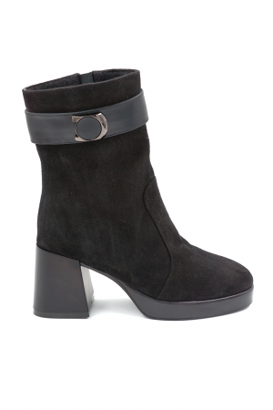 Lichidare stocuri - Ghete dama din piele naturala intoarsa neagra cu varf rotund, platforma 2 cm si toc mediu gros 7 cm  78817-24