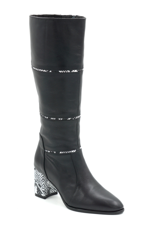 Cizme dama din piele naturala neagra si cu imprimeu sarpe cu varf ascutit si toc mic gros imbracat de 6 cm 12411-25 [1]