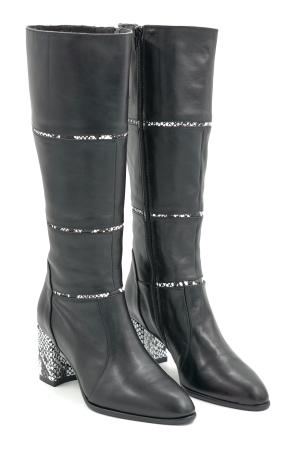 Cizme dama din piele naturala neagra si cu imprimeu sarpe cu varf ascutit si toc mic gros imbracat de 6 cm 12411-25 [2]