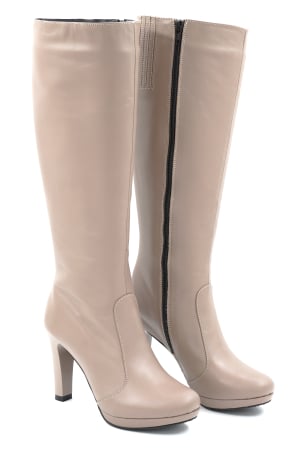 Cizme dama din piele naturala nude roze cu varf rotund, platforma 1 cm si toc inalt gros de 10 cm 70123-25 [2]