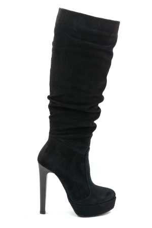 Cizme dama - Cizme dama din piele naturala intoarsa neagra cu varf rotund,  platforma de 4 cm si toc inalt subtire 13 cm 77221-5-25