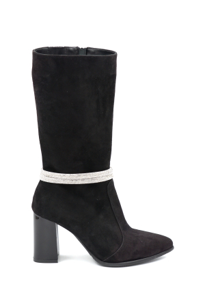 Cizme elegant & office dama - Cizme dama din piele naturala intoarsa neagra cu varf ascutit stiletto si toc mediu gros de 8 cm 78718-24