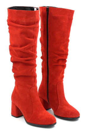 Cizme dama din piele naturala intoarsa rosie cu varf rotund si toc mic gros imbracat de 6 cm 78321-4-25 [2]