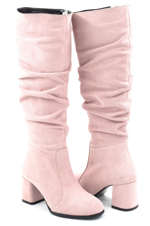 Cizme dama din piele naturala intoarsa roz pudra cu varf rotund si toc mic gros imbracat de 6 cm 78321-6-25 [3]