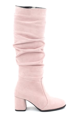 Lichidare stocuri - Cizme dama din piele naturala intoarsa roz pudra cu varf rotund si toc mic gros imbracat de 6 cm 78321-6-25