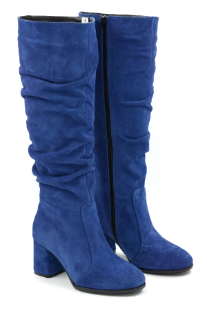 Cizme dama din piele naturala intoarsa albastru electric cu varf rotund si toc mic gros imbracat de 6 cm 78321-7-25 [2]