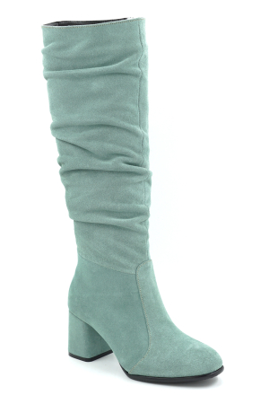 Cizme dama din piele naturala intoarsa verde deschis cu varf rotund si toc mic gros imbracatde 6 cm 78321-8-25 [1]