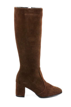 Cizme dama - Cizme dama din piele naturala intoarsa maro ciocolata cu varf ascutit si toc mic gros imbracat de 6 cm 70123-1-26