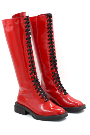 Cizme dama din piele naturala lacuita rosie cu varf patrat si toc mic gros de 4 cm 77021-1-25 [1]