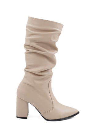 Cizme elegant & office dama - Cizme dama elegante scurte fronsate din piele naturala nude roze cu varf ascutit stileto si toc mediu gros imbracat 8 cm 70125-26