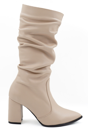 Cizme dama - Cizme dama elegante scurte fronsate din piele naturala nude roze cu varf ascutit stileto si toc mediu gros imbracat 8 cm 70225-26