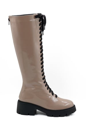 Cizme casual & sport dama - Cizme dama lungi casual din piele naturala lacuita grej cu varf rotund si talpa 3 cm 77021-4-26