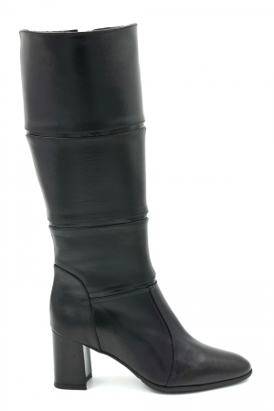 Lichidare stocuri - Cizme dama lungi elegante din piele naturala neagra cu varf semirotund si toc mediu gros 7 cm 12411-1-23