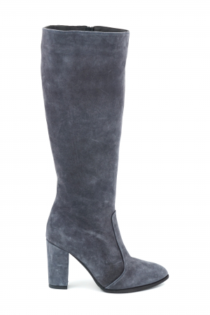 Lichidare stocuri - Cizme dama lungi elegante din piele naturala intoarsa albastru gri petrol cu varf ascutit si toc mediu gros imbracat 8 cm 70123-11-23