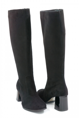 Cizme dama lungi elegante din piele naturala intoarsa neagra cu varf rotund si toc mic gros 6 cm 70123-13-23 [4]