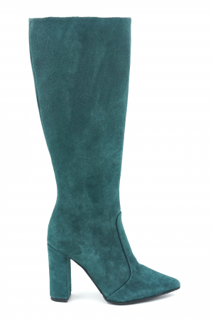 Cizme elegant & office dama - Cizme dama lungi elegante din piele naturala intoarsa verde menta cu varf ascutit stileto si toc inalt gros imbracat 9 cm 70123-15-23