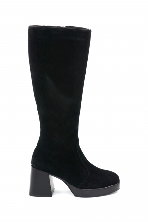 Lichidare stocuri - Cizme dama lungi casual din piele naturala intoarsa neagra cu varf rotund, platforma 2 cm si toc mic gros 6 cm 70123-3-23