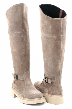 Cizme dama lungi casual din piele naturala intoarsa bej inchis grej cu varf rotund, talpa 3 cm si accesoriu metalic 73620-23 [3]