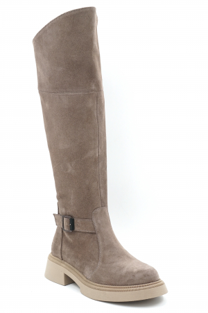 Cizme dama lungi casual din piele naturala intoarsa bej inchis grej cu varf rotund, talpa 3 cm si accesoriu metalic 73620-23 [1]
