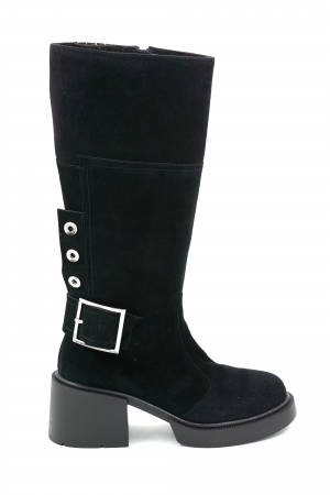 Cizme casual & sport dama - Cizme dama lungi casual din piele naturala intoarsa neagra cu varf rotund, talpa 3 cm si accesorii metalice  74819-1-23