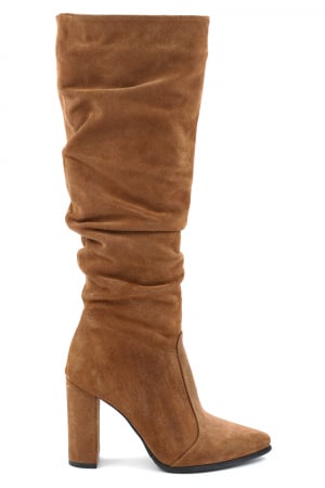 Lichidare stocuri - Cizme dama fronsate din piele naturala intoarsa maro coniac cu varf ascutit stileto si toc inalt gros imbracat 9 cm 77221-1-24