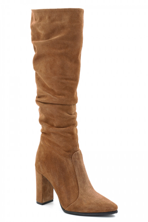 Cizme dama fronsate din piele naturala intoarsa maro coniac cu varf ascutit stileto si toc inalt gros imbracat 9 cm 77221-1-24 [1]