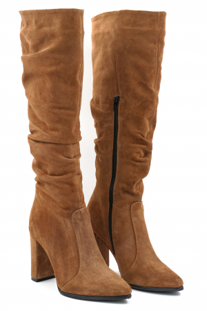 Cizme dama fronsate din piele naturala intoarsa maro coniac cu varf ascutit stileto si toc inalt gros imbracat 9 cm 77221-1-24 [3]